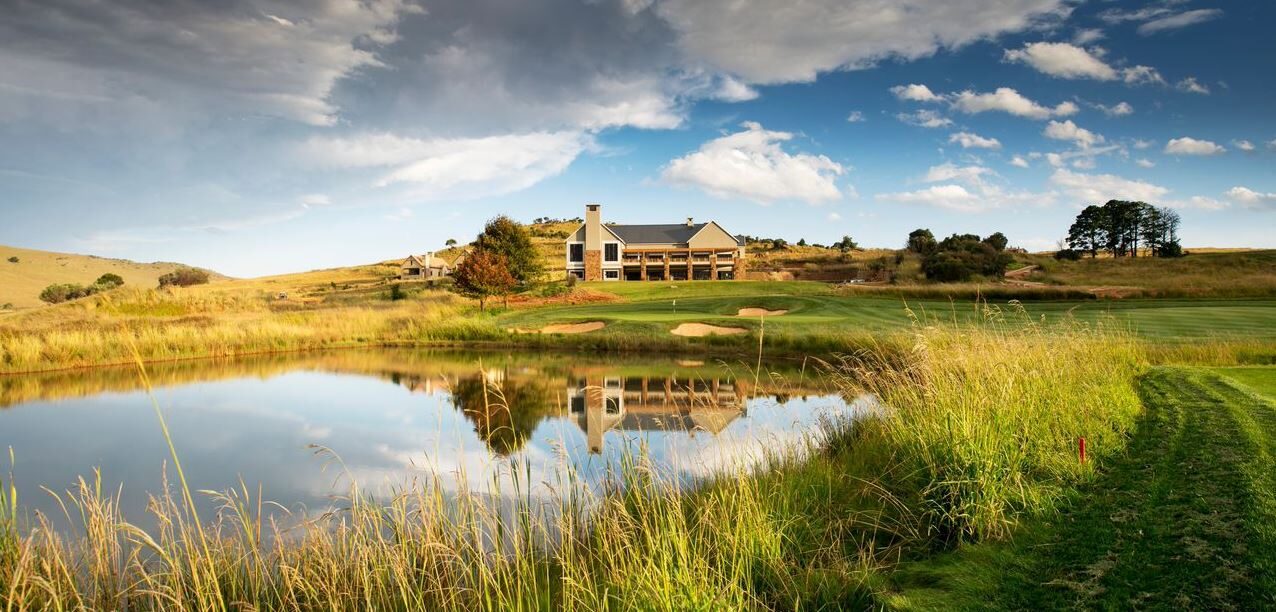 The clubhouse at Highland Gate Golf & Trout Estate across the dam, Dullstroom